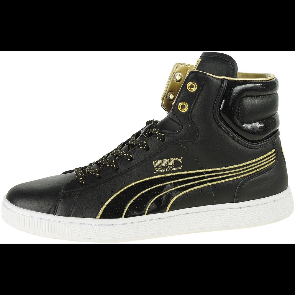 Puma First Round Black & Gold Metallic High Top Sneakers Size 6.5